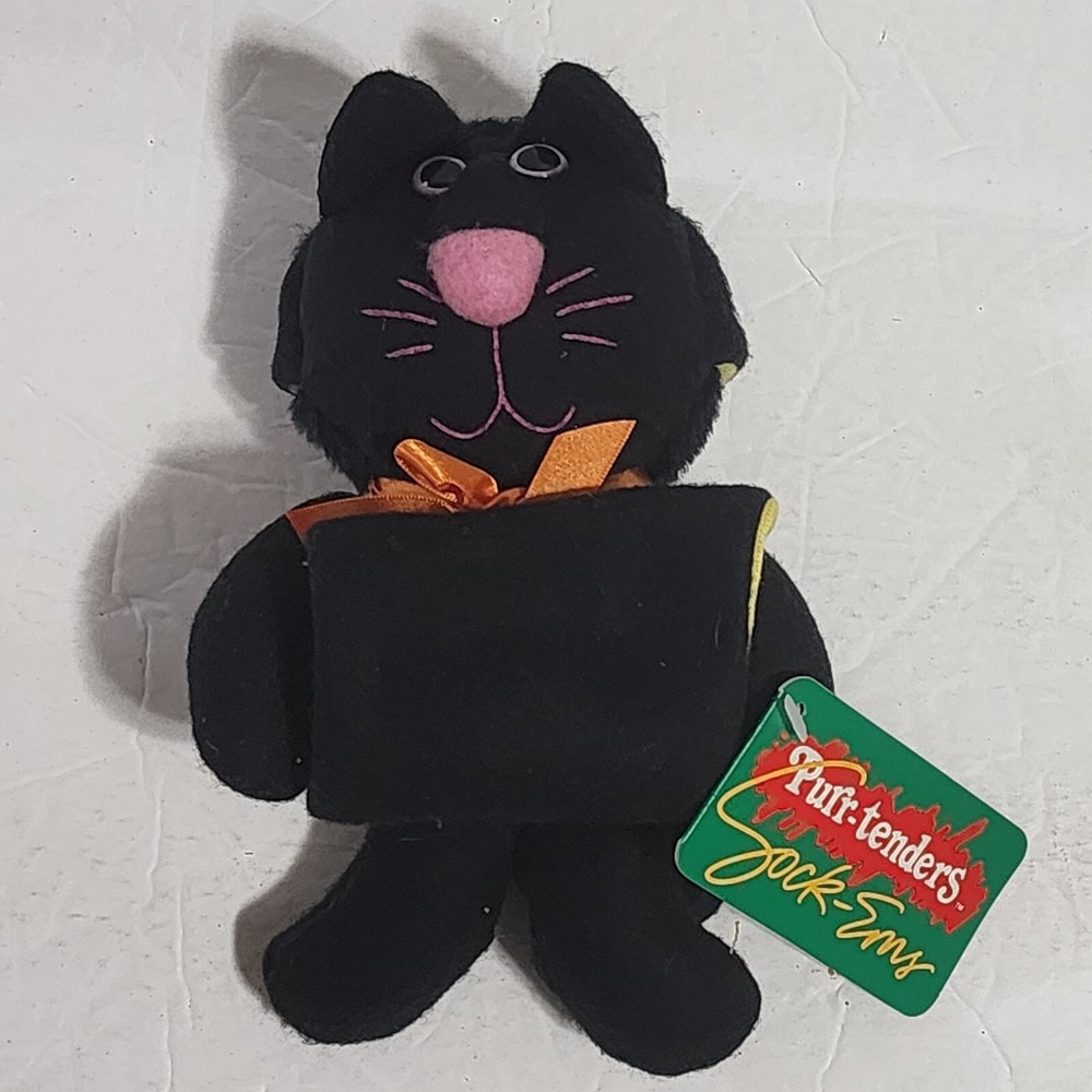Purr-tenders Sock-Ems Black Cat Stocking Plush Yellow Duck Vintage 1987 7"